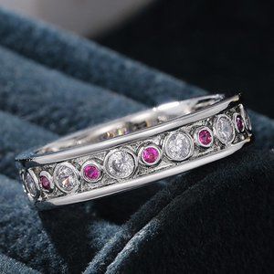 💎Eternity 925 Silver Plated White Red Inlaid CZ Bling Dainty Rings, UNVN12236